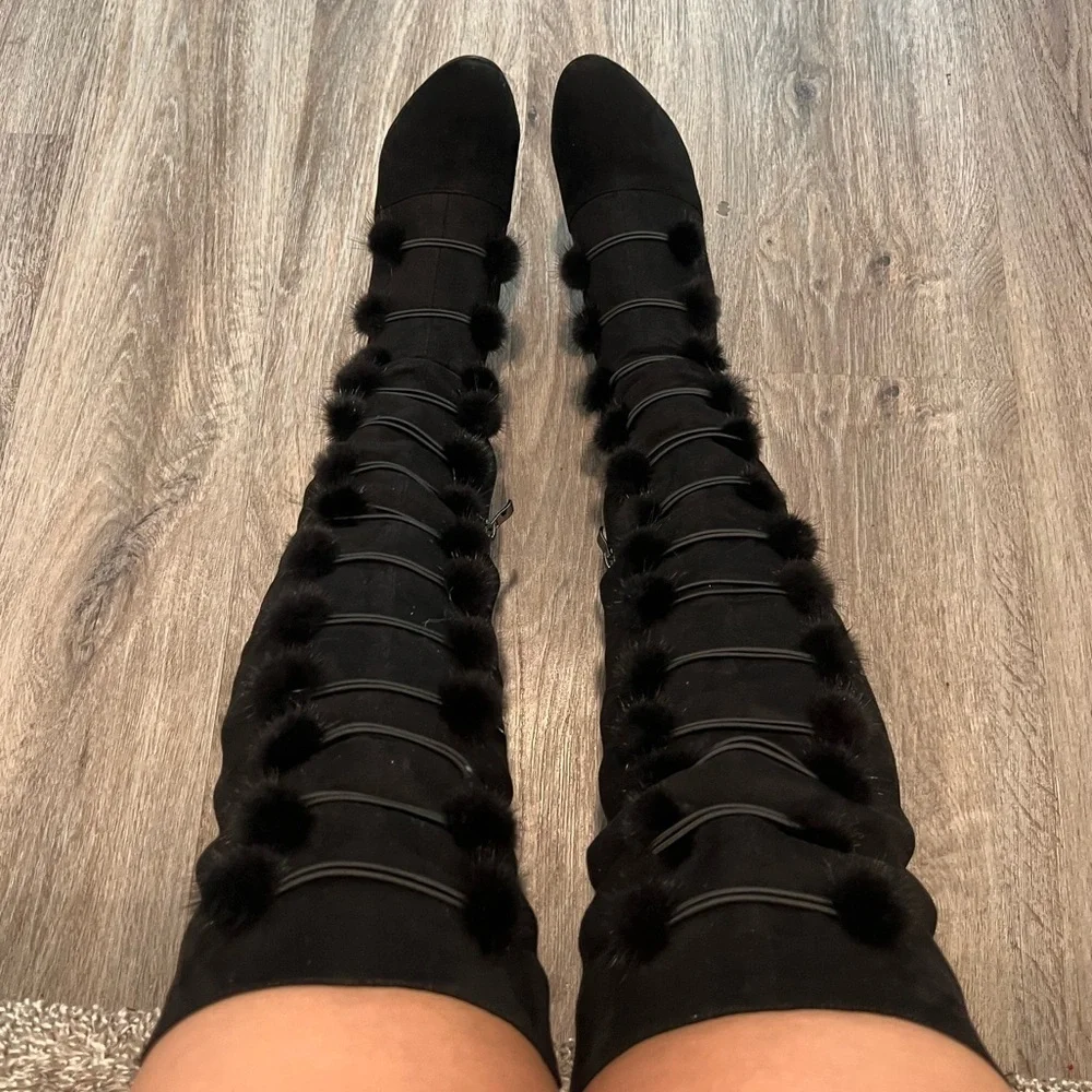 Stevey Faux Fur Pom Pom Knee High Boots